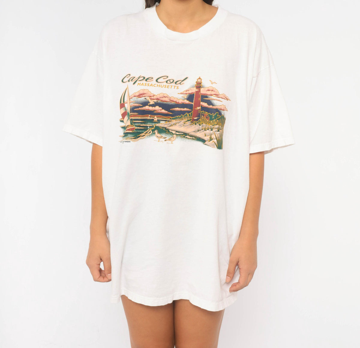 90s Cape Cod Lighthouse Sailboat Souvenir Tee White Cotton Extra Large XL