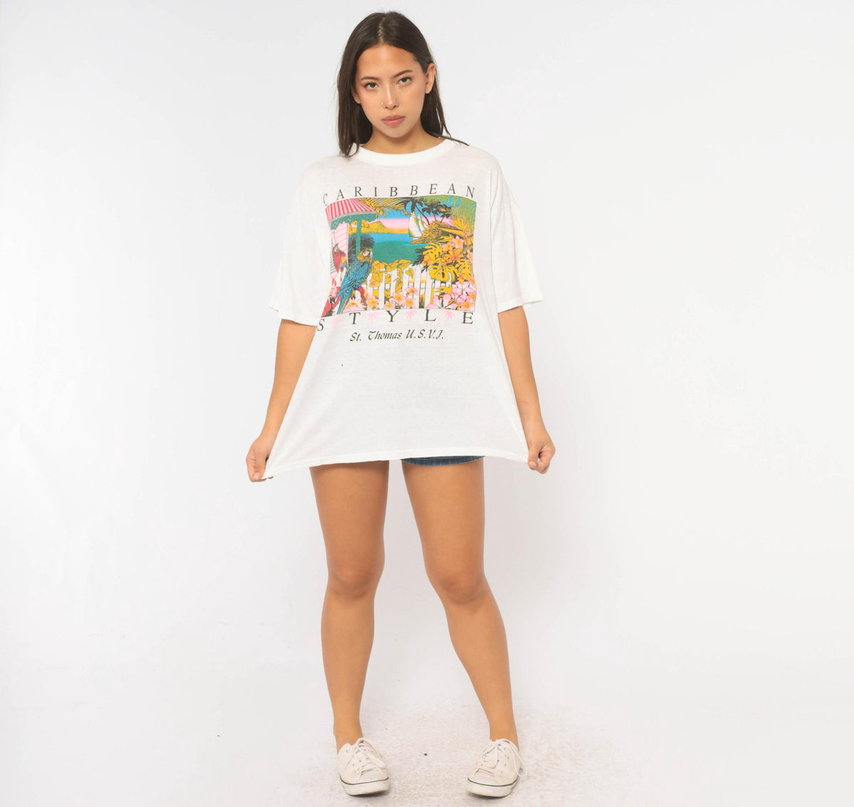 90s Caribbean St Thomas Souvenir Tee White Cotton Parrot Graphic Extra Large