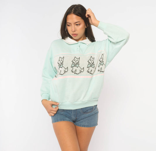 90s Scottie Dog Sweatshirt Mint Green Knit Panel White Collar Pink Stripe Medium