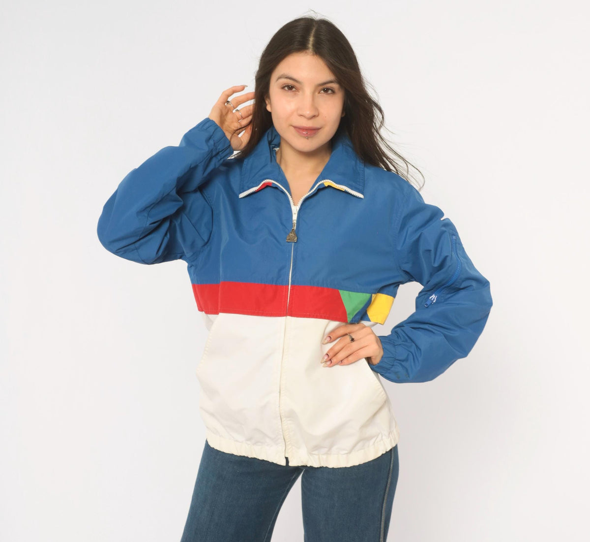 80s Pacific Trail Color Block Windbreaker Jacket Blue White Red Yellow Small