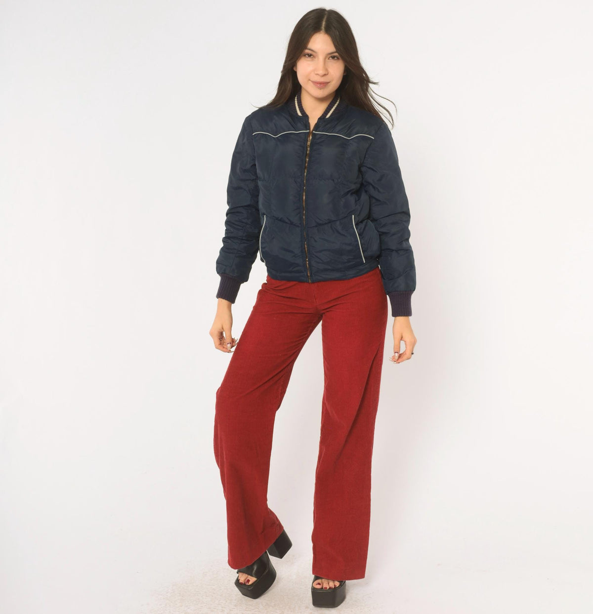 70s Comfy Navy Puffer Bomber Jacket Down Filled Quilted Ski Coat Extra Small XS
