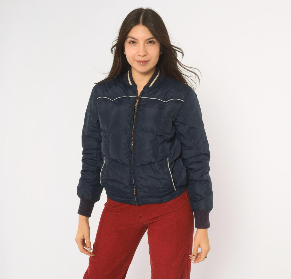 70s Comfy Navy Puffer Bomber Jacket Down Filled Quilted Ski Coat Extra Small XS