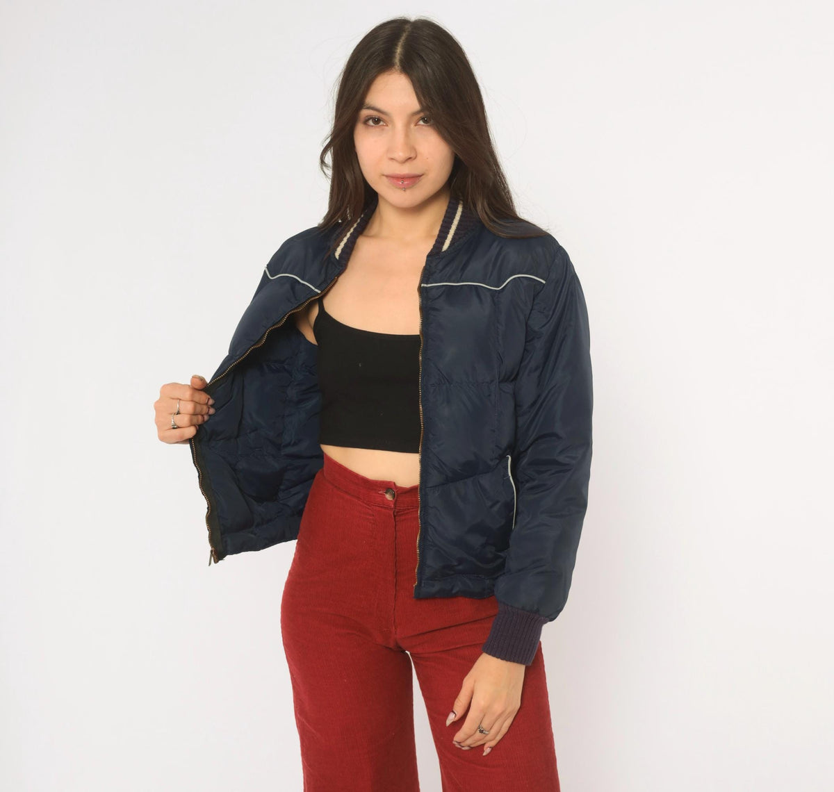 70s Comfy Navy Puffer Bomber Jacket Down Filled Quilted Ski Coat Extra Small XS