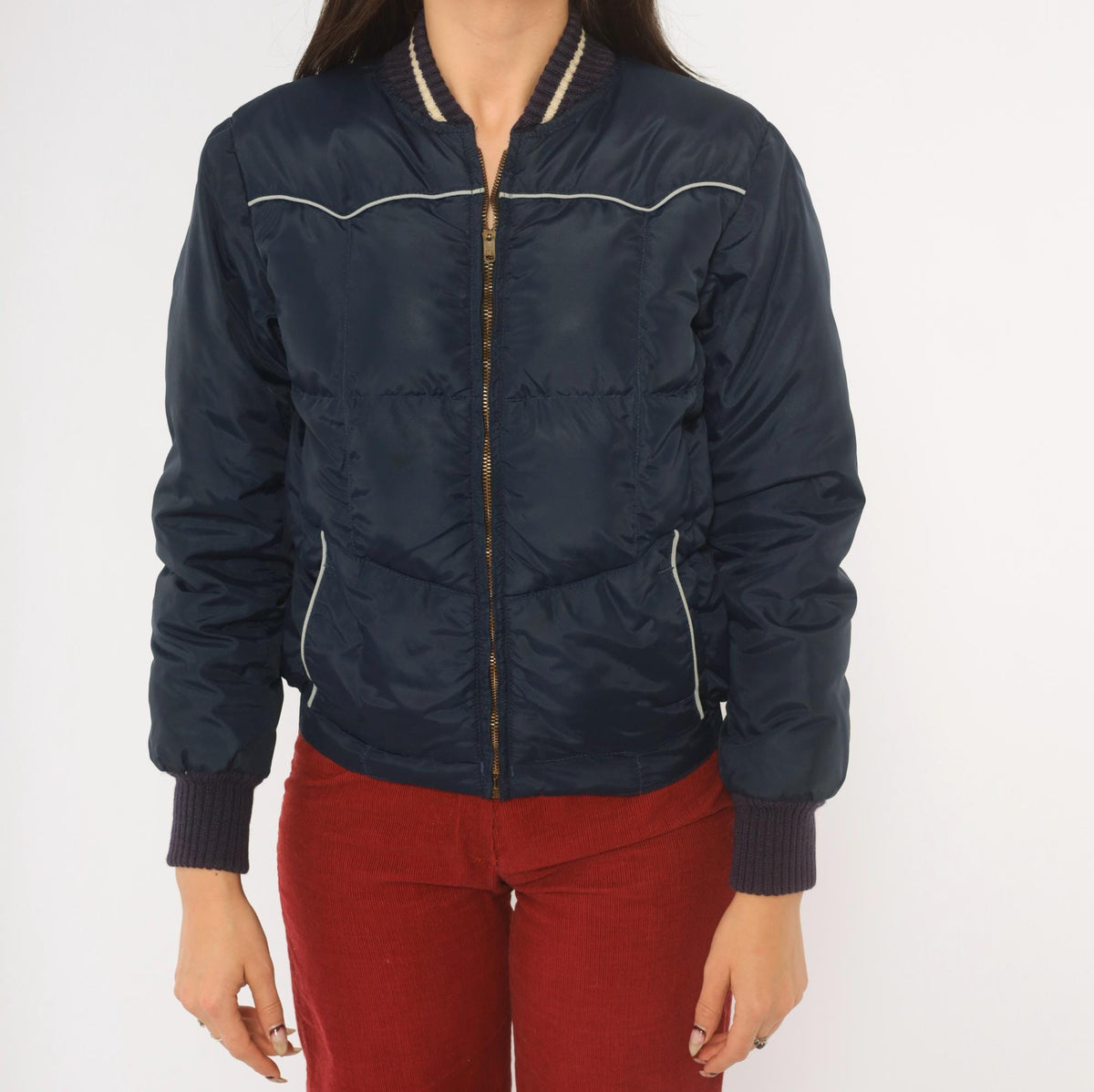 70s Comfy Navy Puffer Bomber Jacket Down Filled Quilted Ski Coat Extra Small XS