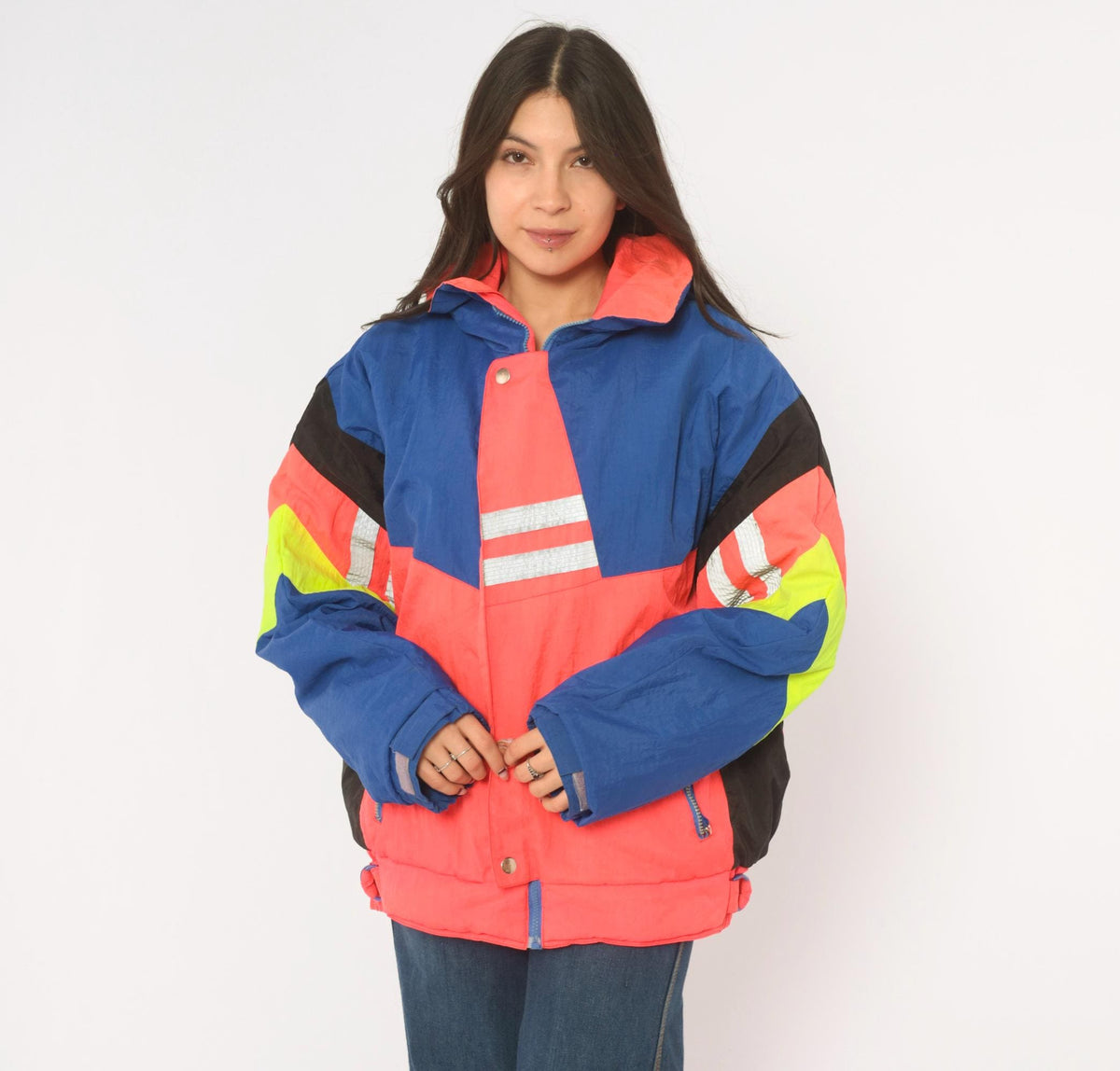 90s Weekends Adventure Color Block Ski Jacket Hooded Puffer Blue Coral Medium