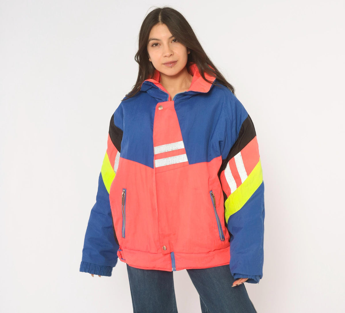 90s Weekends Adventure Color Block Ski Jacket Hooded Puffer Blue Coral Medium