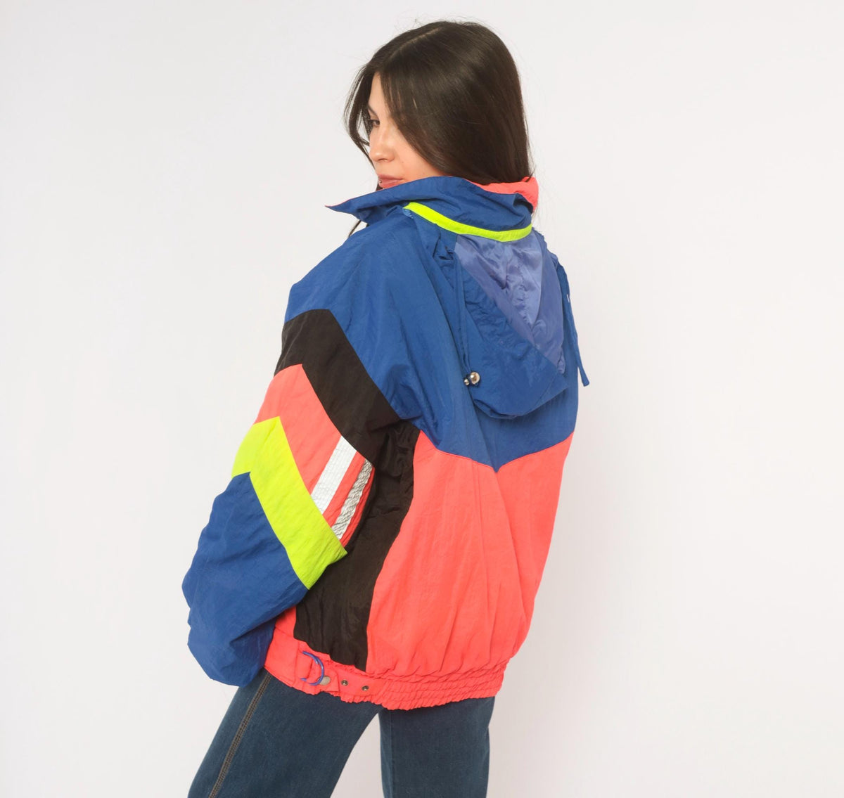 90s Weekends Adventure Color Block Ski Jacket Hooded Puffer Blue Coral Medium