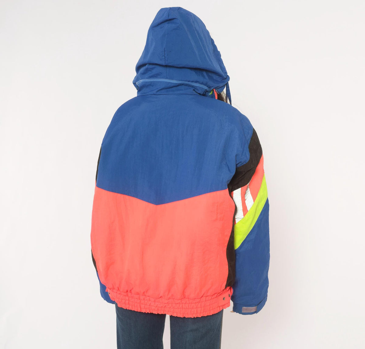 90s Weekends Adventure Color Block Ski Jacket Hooded Puffer Blue Coral Medium