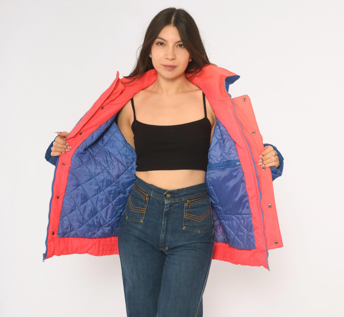 90s Weekends Adventure Color Block Ski Jacket Hooded Puffer Blue Coral Medium