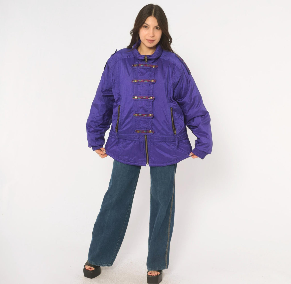 90s Purple Ski Jacket Geometric Embroidered Nylon Puffer Womens Large L