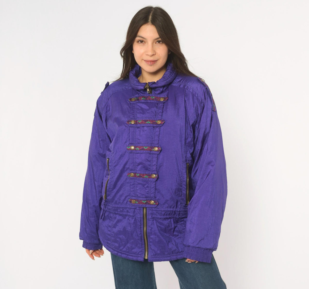 90s Purple Ski Jacket Geometric Embroidered Nylon Puffer Womens Large L