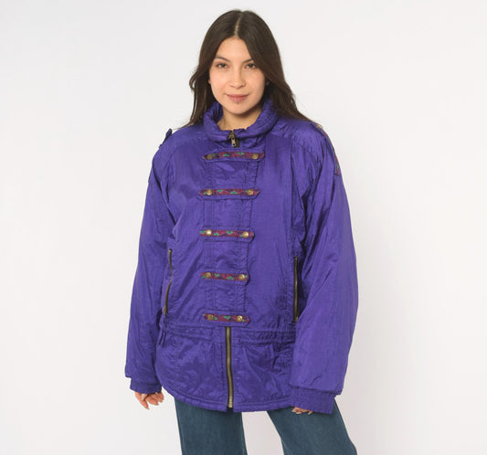 90s Purple Ski Jacket Geometric Embroidered Nylon Puffer Womens Large L