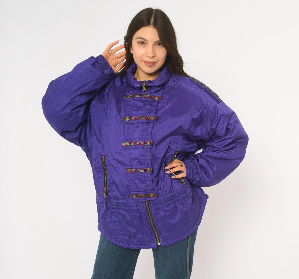 90s Purple Ski Jacket Geometric Embroidered Nylon Puffer Womens Large L
