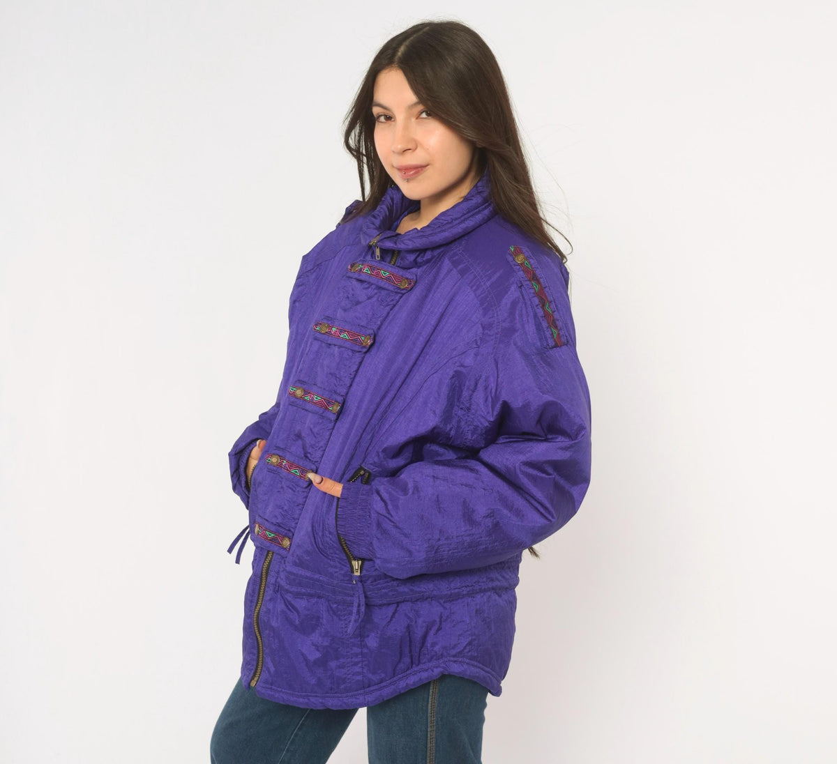 90s Purple Ski Jacket Geometric Embroidered Nylon Puffer Womens Large L