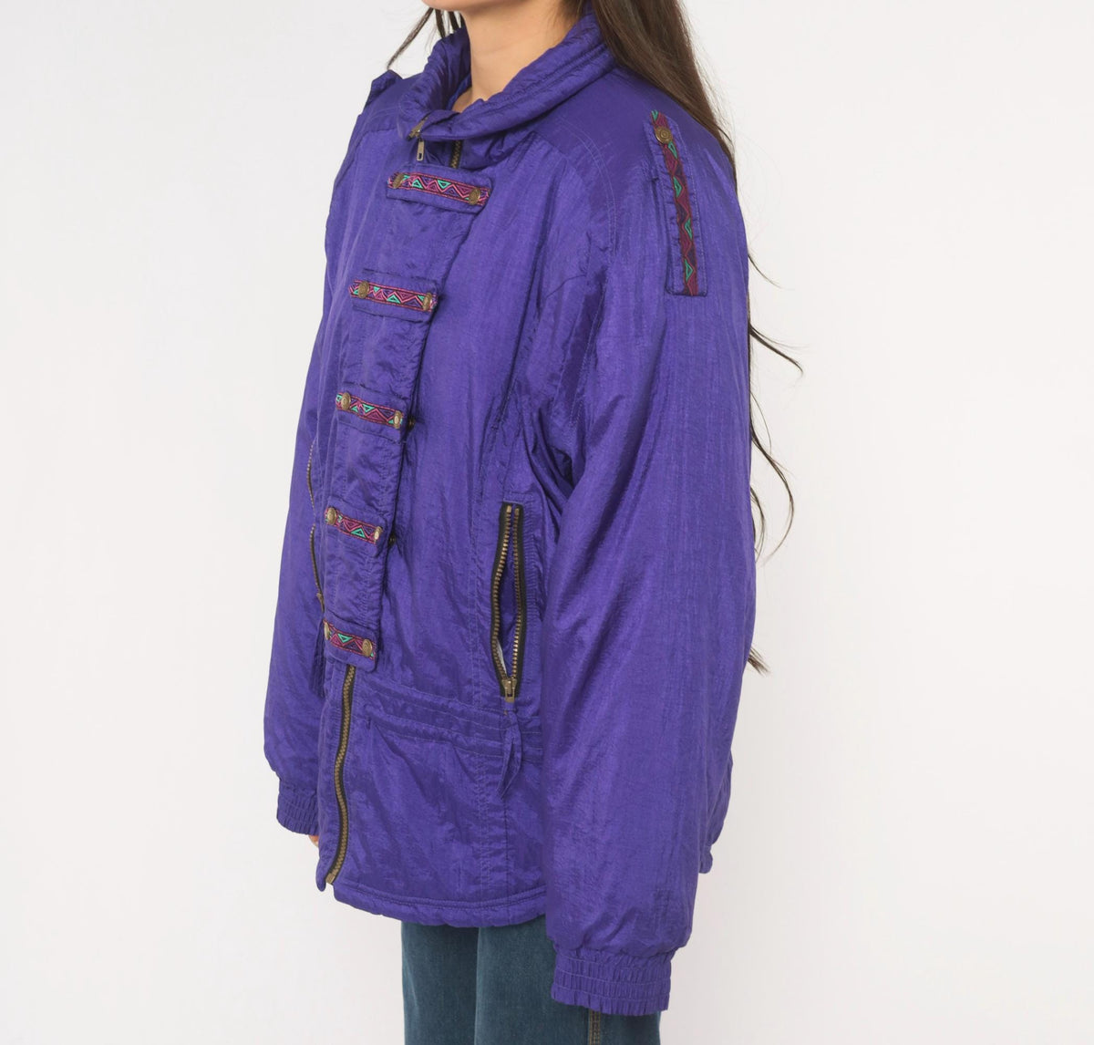 90s Purple Ski Jacket Geometric Embroidered Nylon Puffer Womens Large L