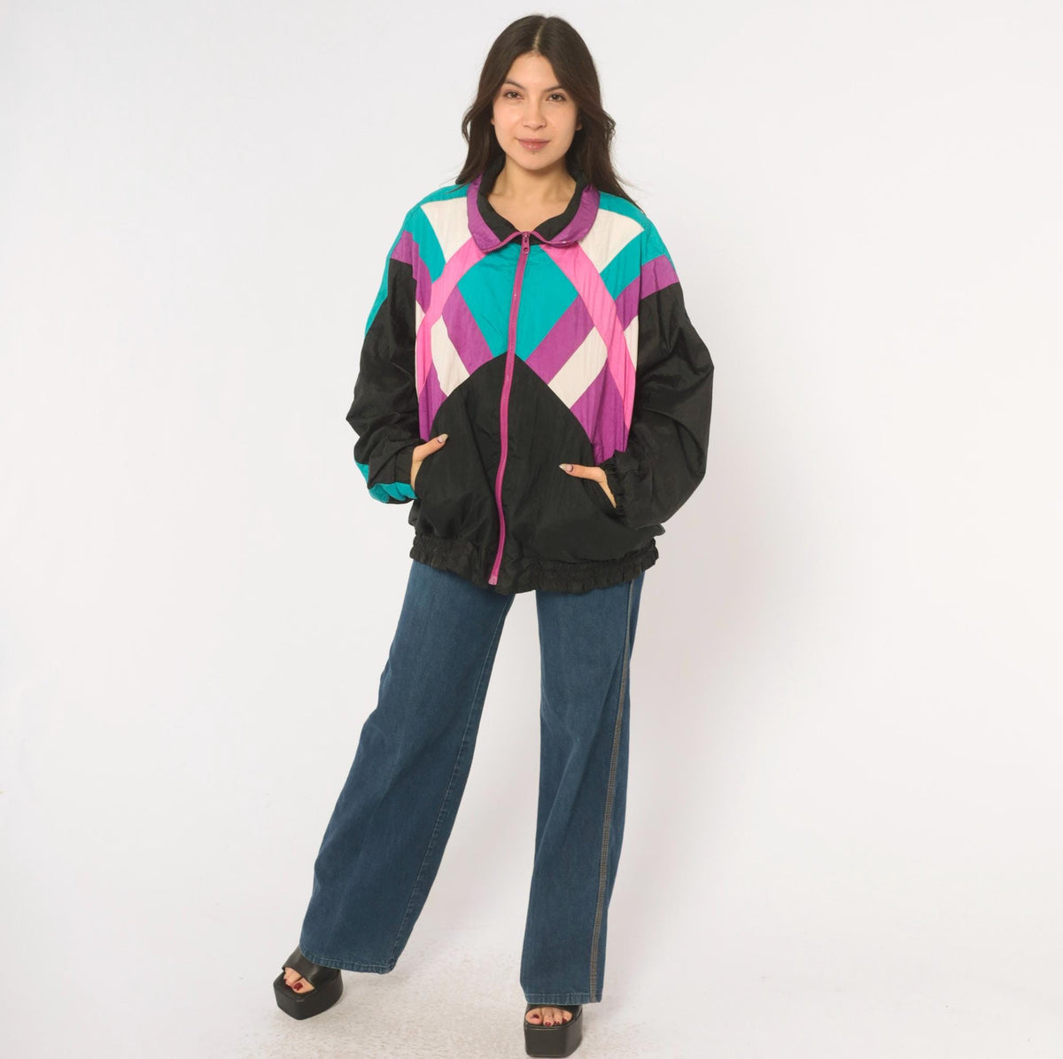 90s R.E. Sport Color Block Windbreaker Black Purple Teal Pink Chevron Extra Large XL