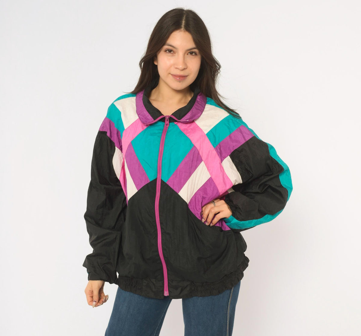 90s R.E. Sport Color Block Windbreaker Black Purple Teal Pink Chevron Extra Large XL