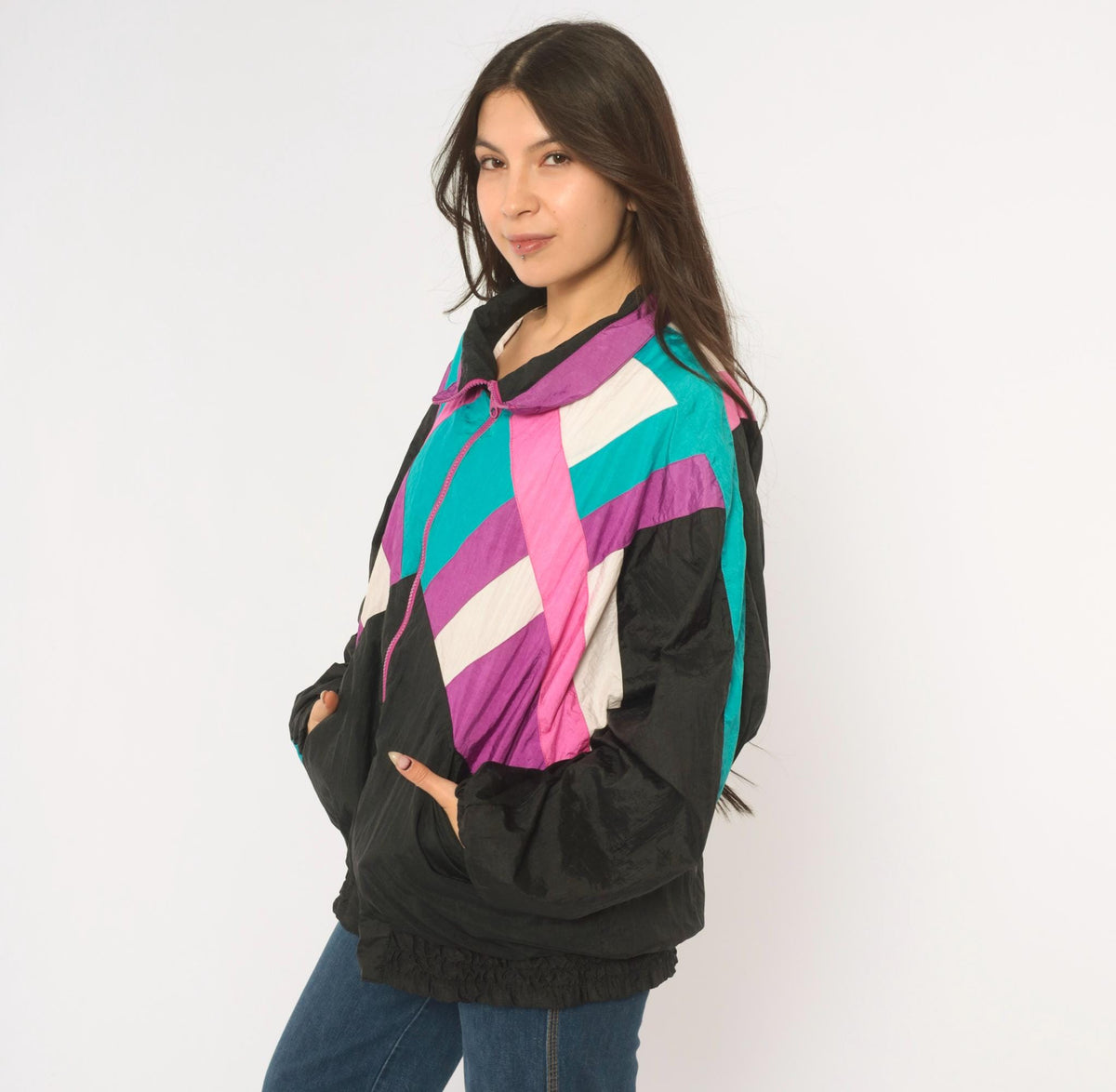 90s R.E. Sport Color Block Windbreaker Black Purple Teal Pink Chevron Extra Large XL