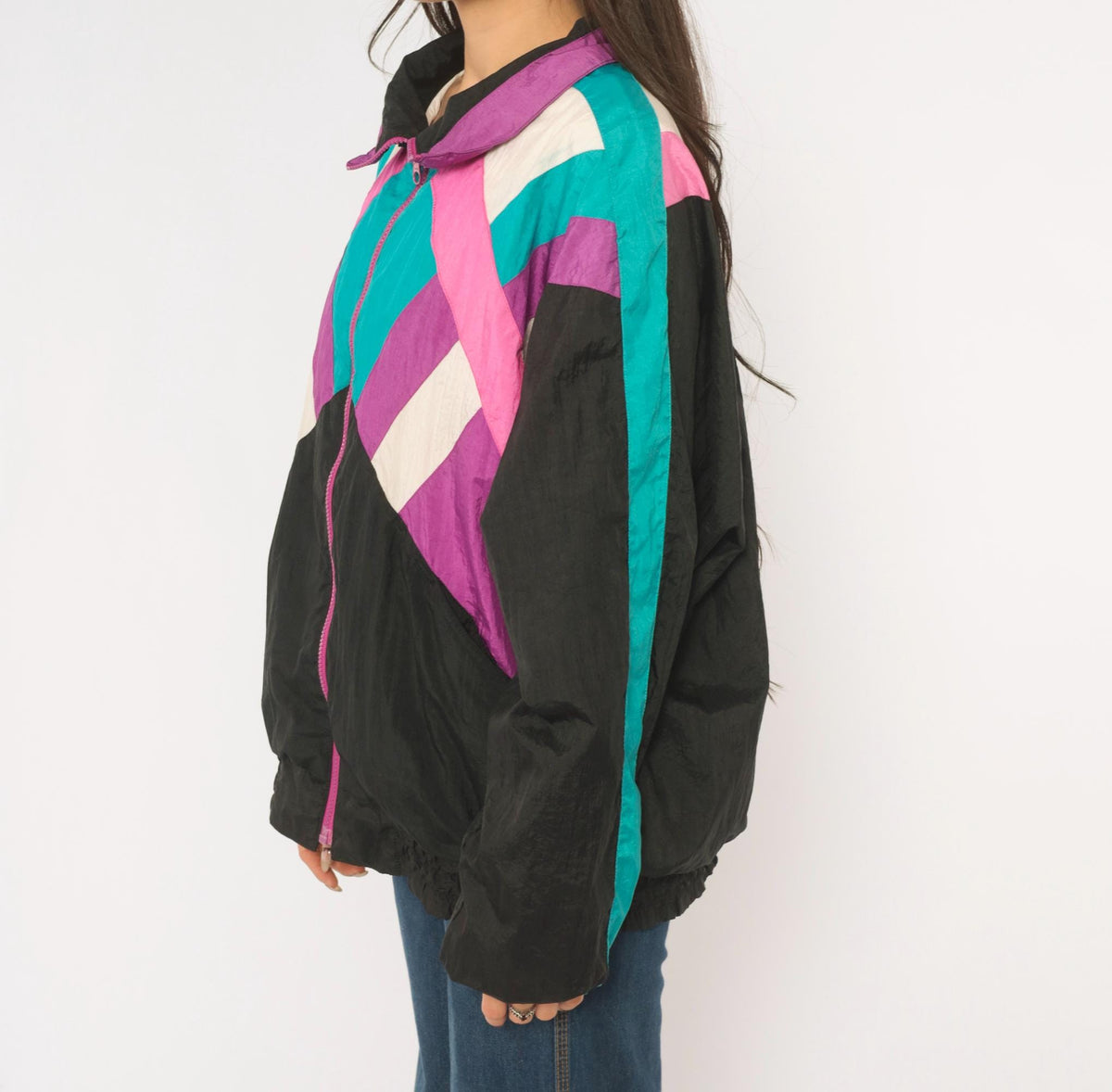90s R.E. Sport Color Block Windbreaker Black Purple Teal Pink Chevron Extra Large XL