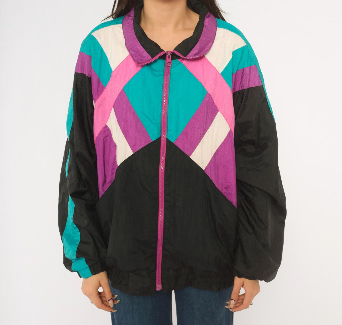90s R.E. Sport Color Block Windbreaker Black Purple Teal Pink Chevron Extra Large XL