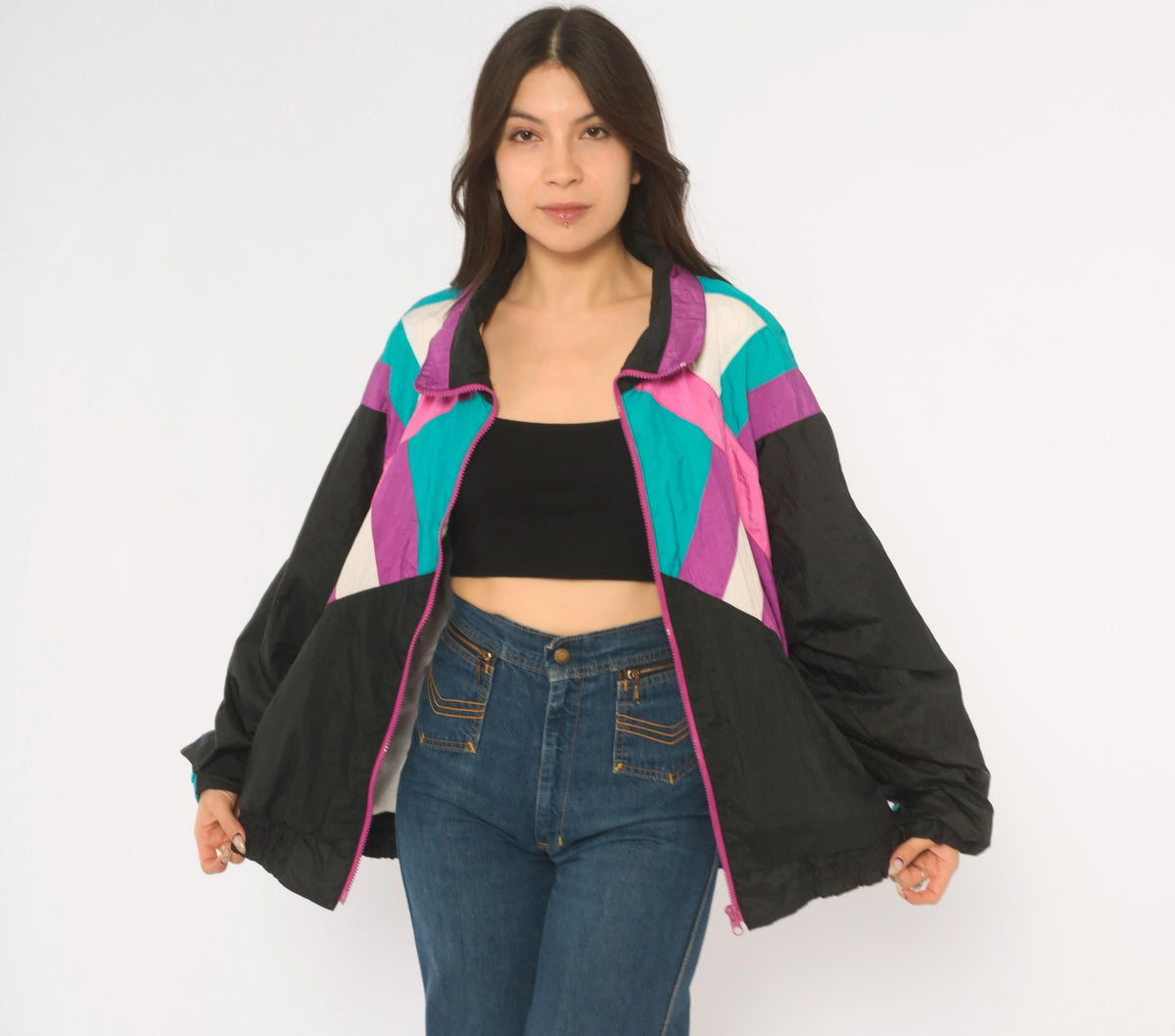 90s R.E. Sport Color Block Windbreaker Black Purple Teal Pink Chevron Extra Large XL