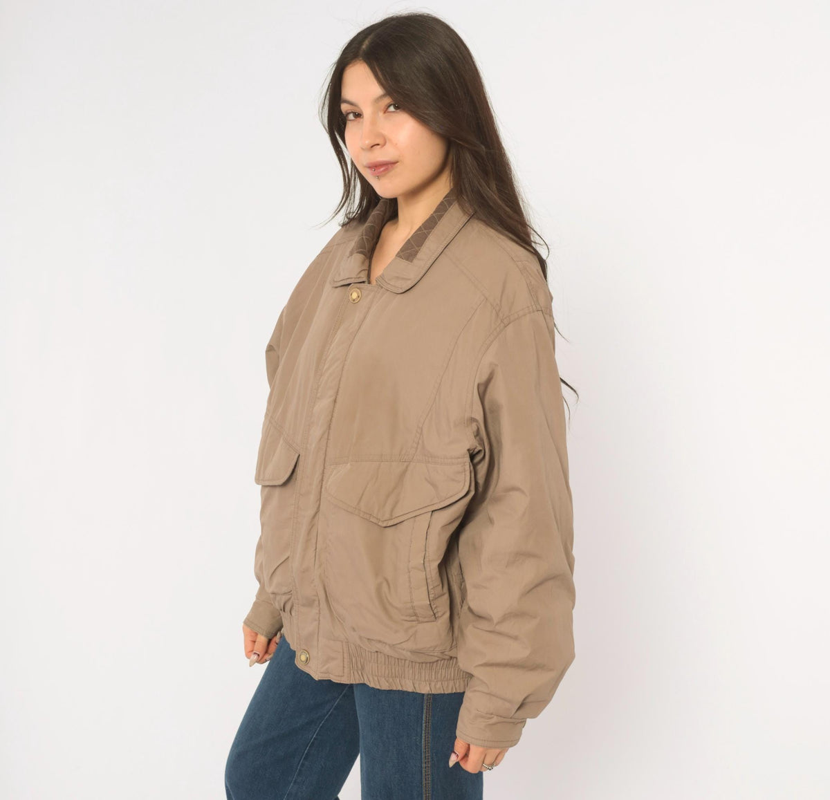 90s Members Only Bomber Jacket Grey Taupe Snap Collar Medium M