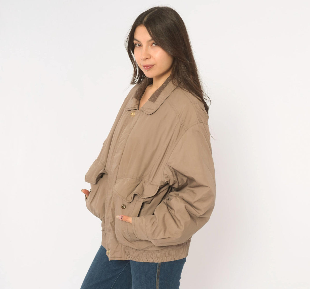 90s Members Only Bomber Jacket Grey Taupe Snap Collar Medium M