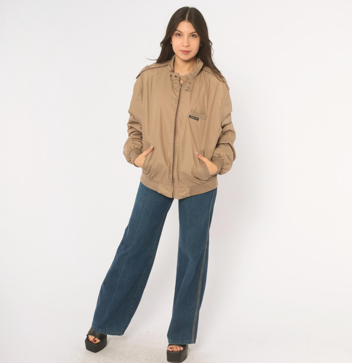 80s Members Only Tan Bomber Jacket Snap Collar Epaulettes Medium