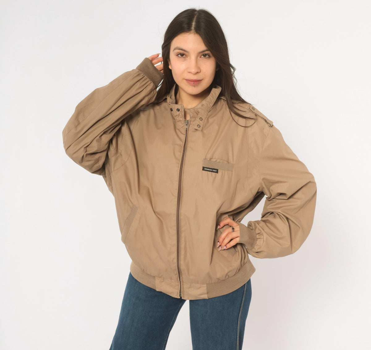 80s Members Only Tan Bomber Jacket Snap Collar Epaulettes Medium