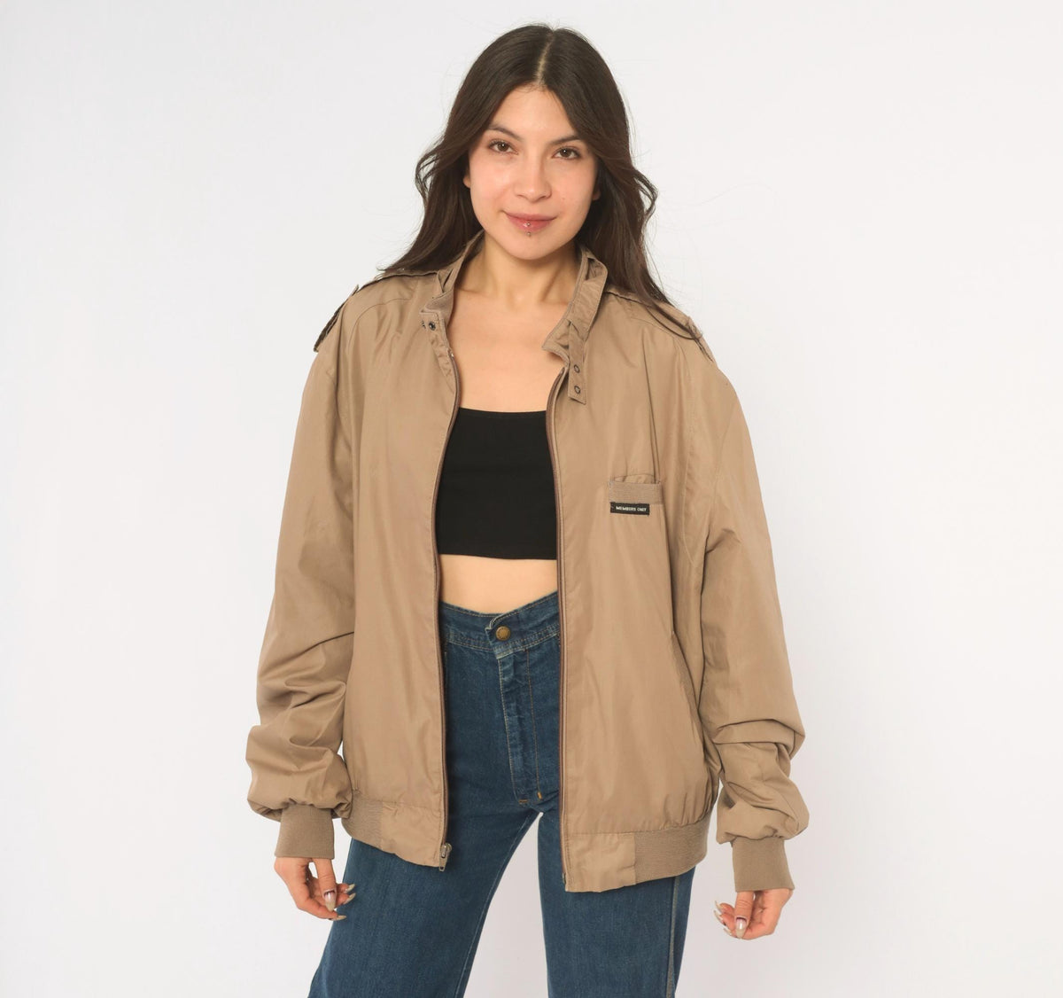 80s Members Only Tan Bomber Jacket Snap Collar Epaulettes Medium