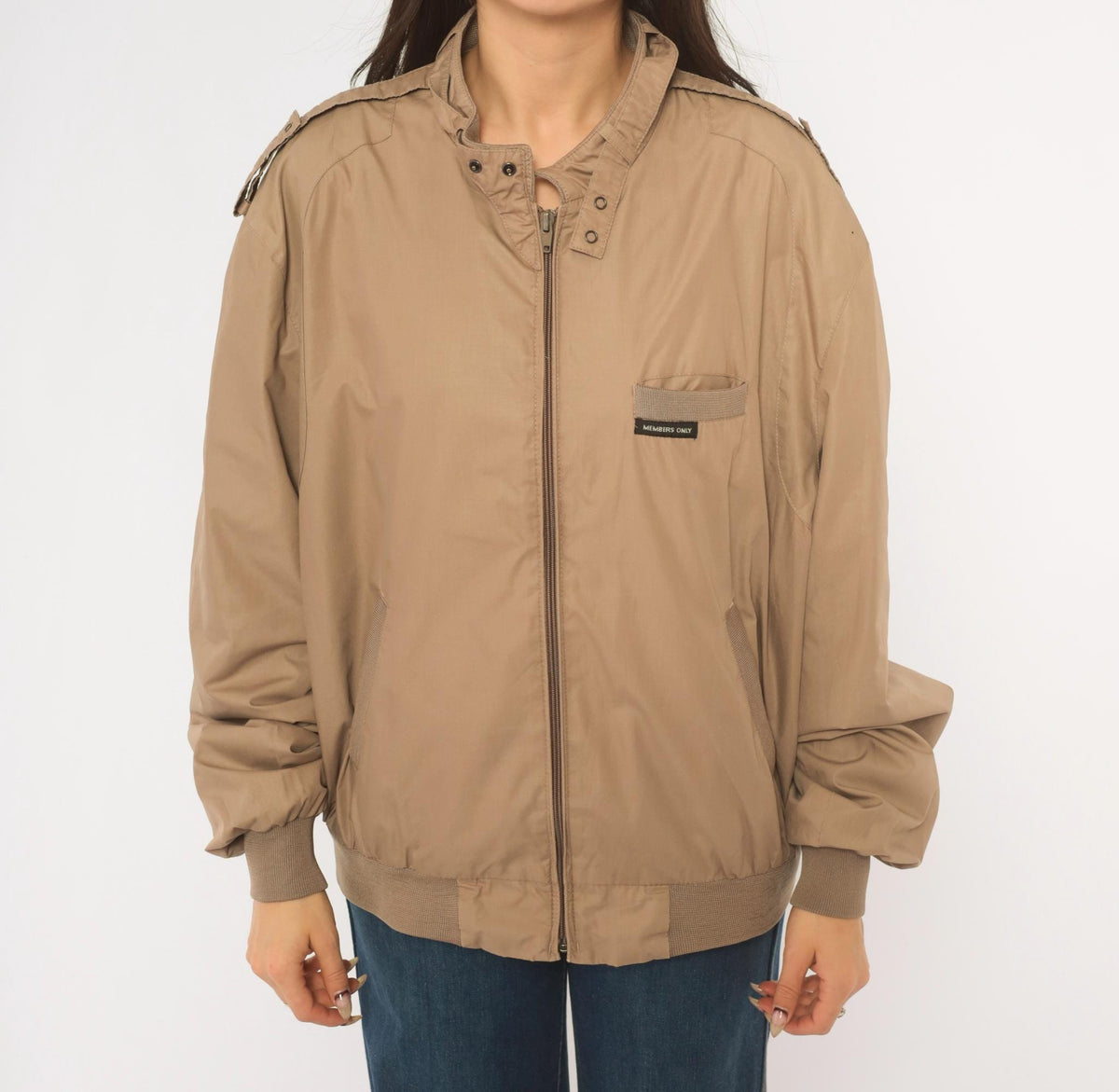 80s Members Only Tan Bomber Jacket Snap Collar Epaulettes Medium