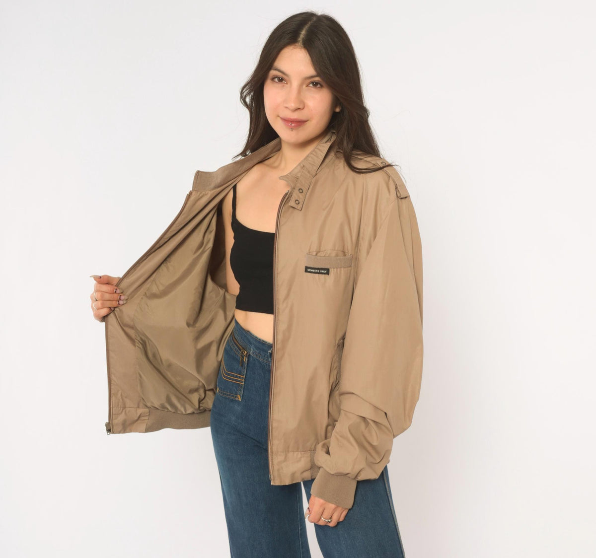 80s Members Only Tan Bomber Jacket Snap Collar Epaulettes Medium