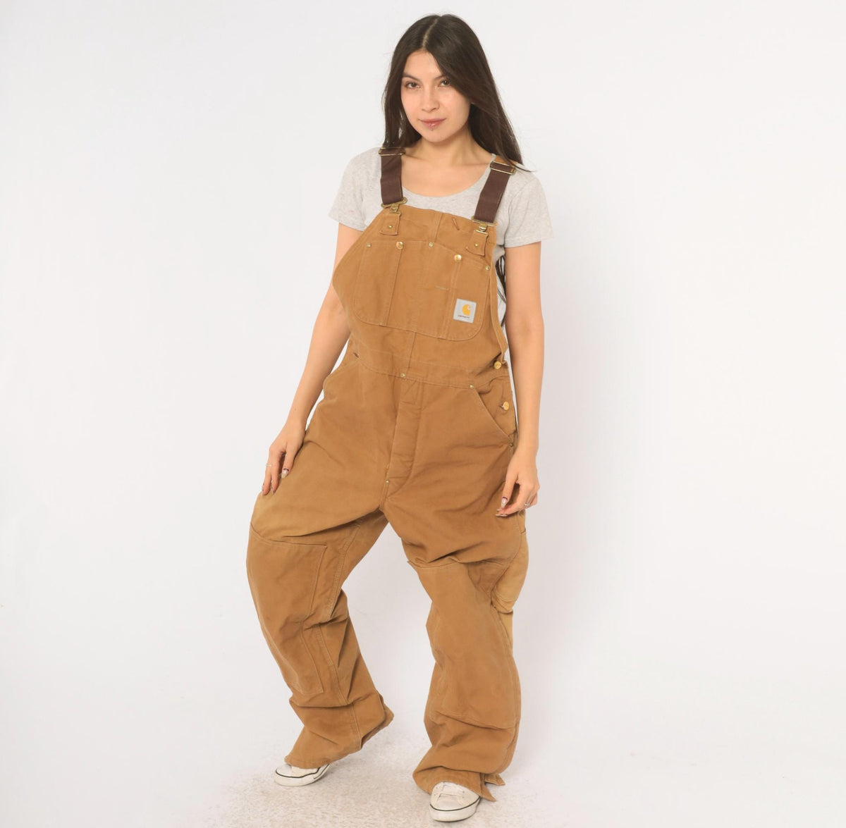 80s Carhartt Duck Canvas Bib Overalls Tan Double Knee Workwear Medium