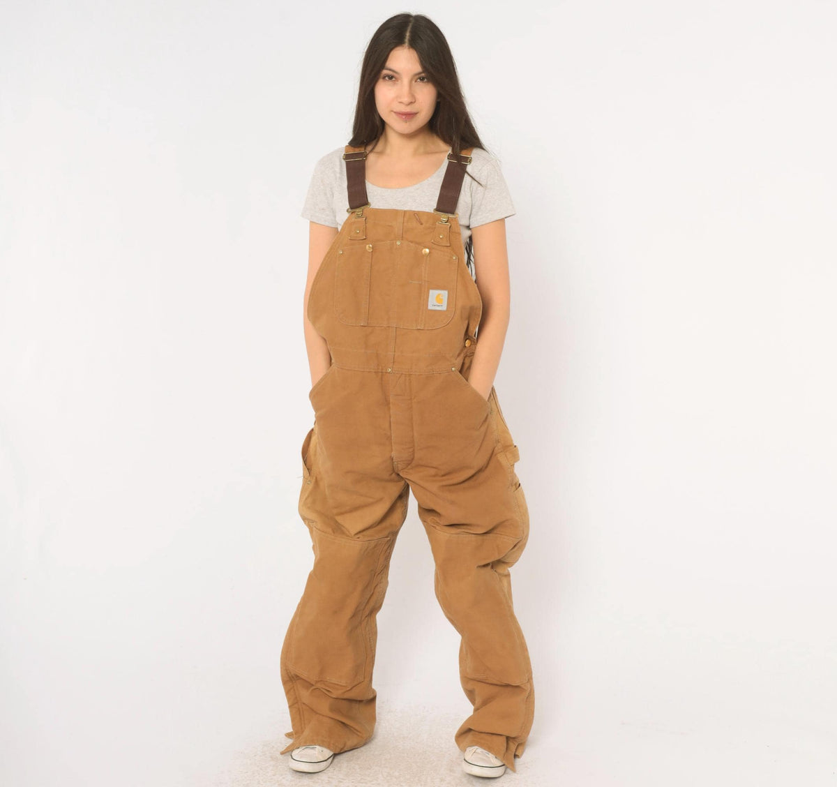 80s Carhartt Duck Canvas Bib Overalls Tan Double Knee Workwear Medium
