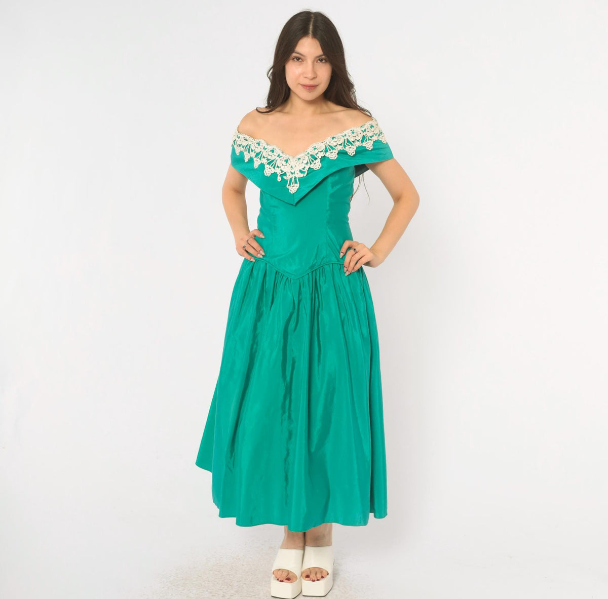 80s Teal Off-Shoulder Prom Dress Lace Trim Drop Waist Sweetheart Neckline Medium