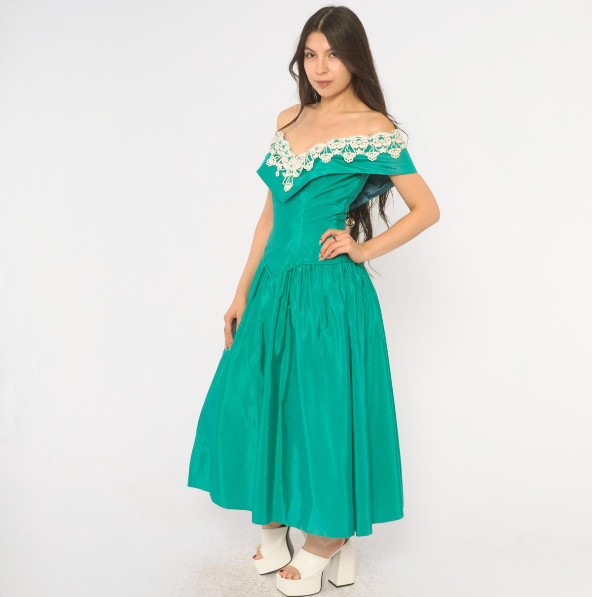 80s Teal Off-Shoulder Prom Dress Lace Trim Drop Waist Sweetheart Neckline Medium