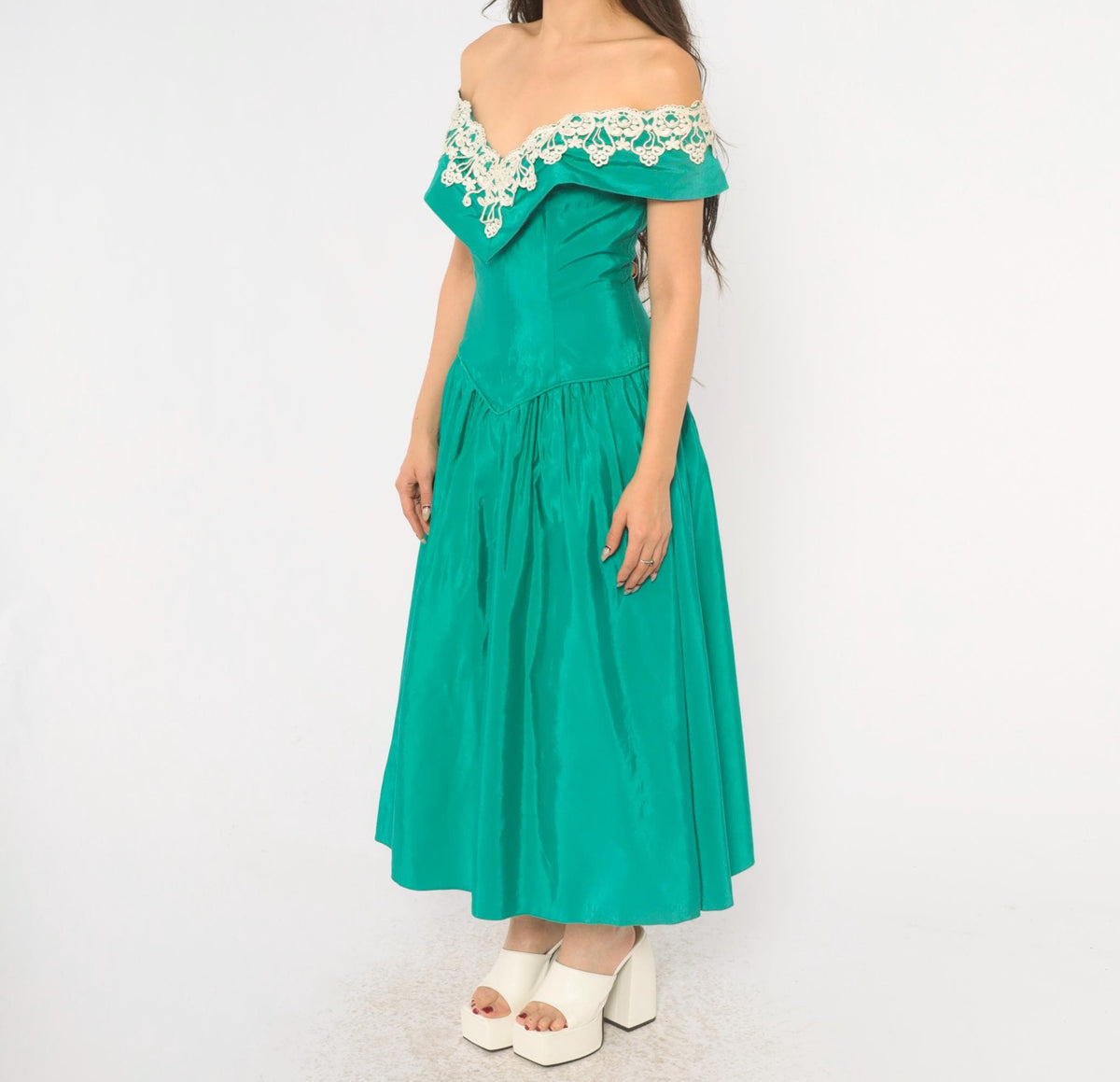 80s Teal Off-Shoulder Prom Dress Lace Trim Drop Waist Sweetheart Neckline Medium