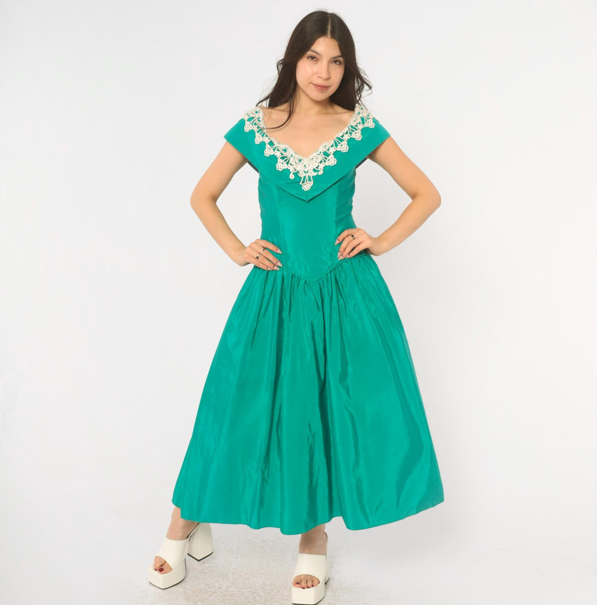 80s Teal Off-Shoulder Prom Dress Lace Trim Drop Waist Sweetheart Neckline Medium