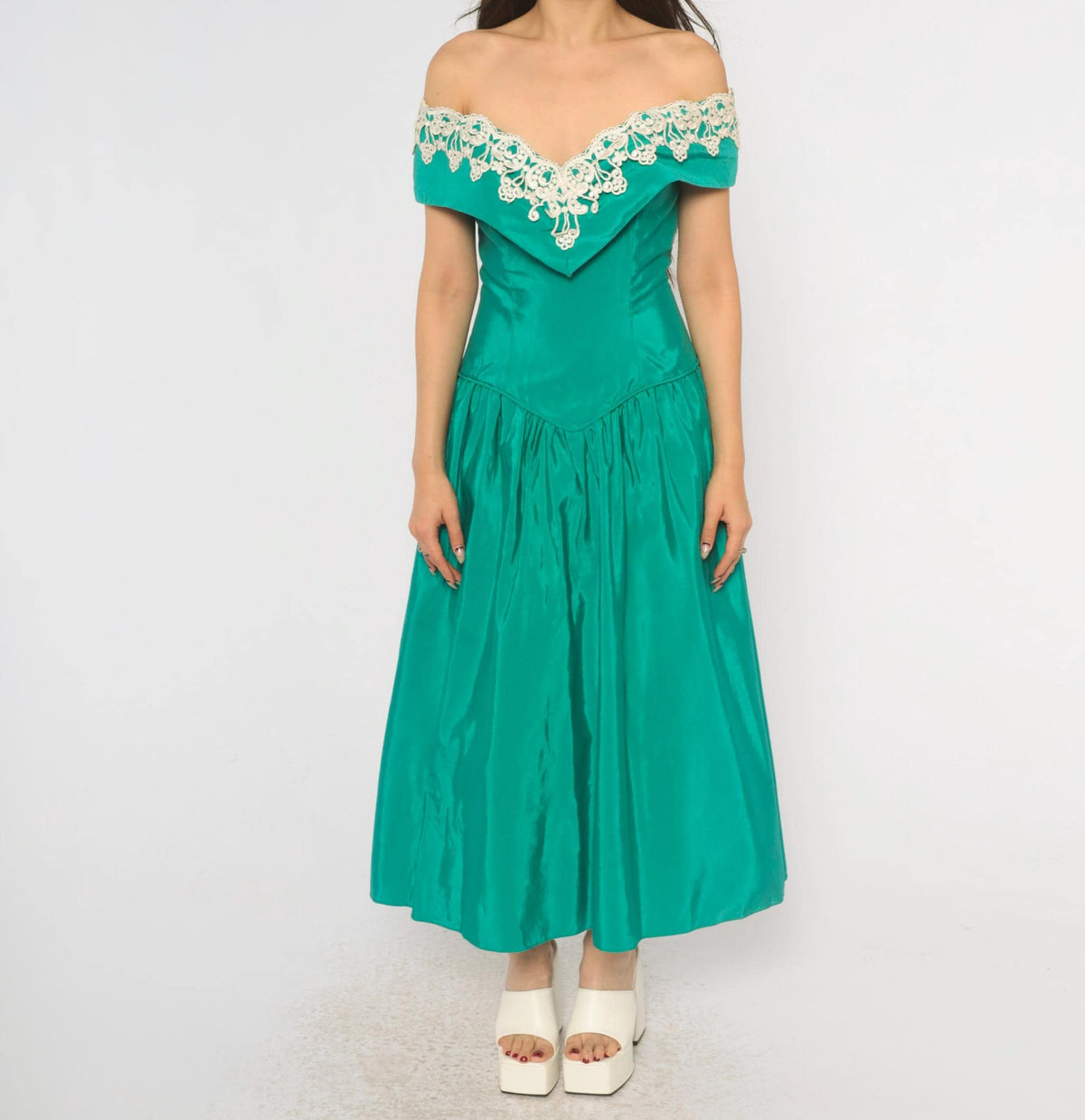 80s Teal Off-Shoulder Prom Dress Lace Trim Drop Waist Sweetheart Neckline Medium