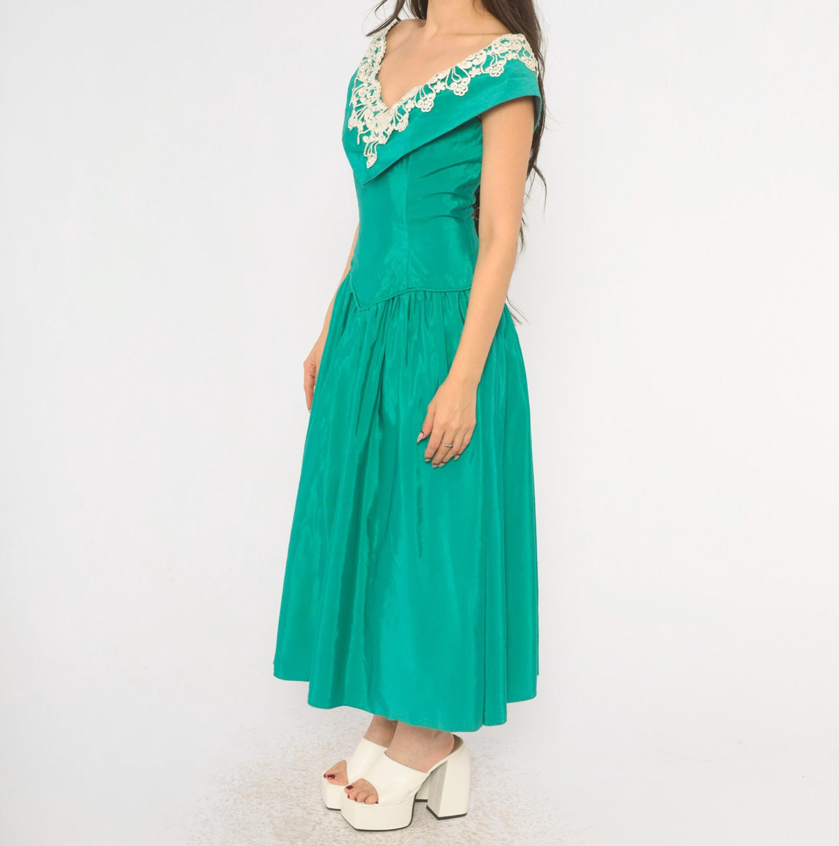 80s Teal Off-Shoulder Prom Dress Lace Trim Drop Waist Sweetheart Neckline Medium