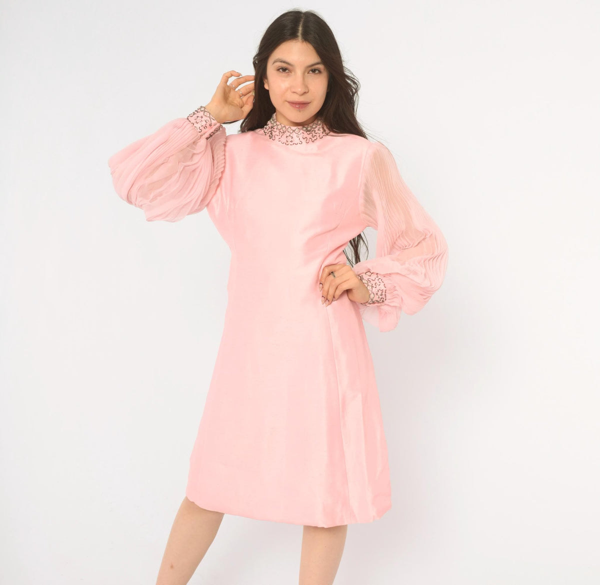 60s Pink Beaded Collar Shift Dress Bishop Sleeve Knee-Length Small S