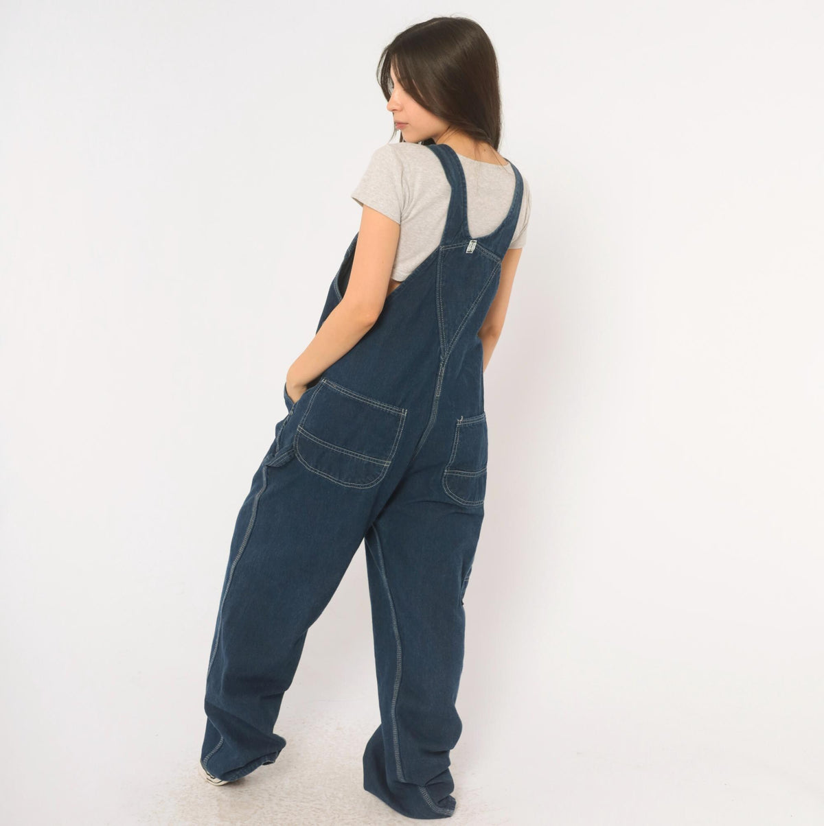 Y2K Key Denim Bib Overalls Dark Blue Wide Leg Carpenter Workwear Medium