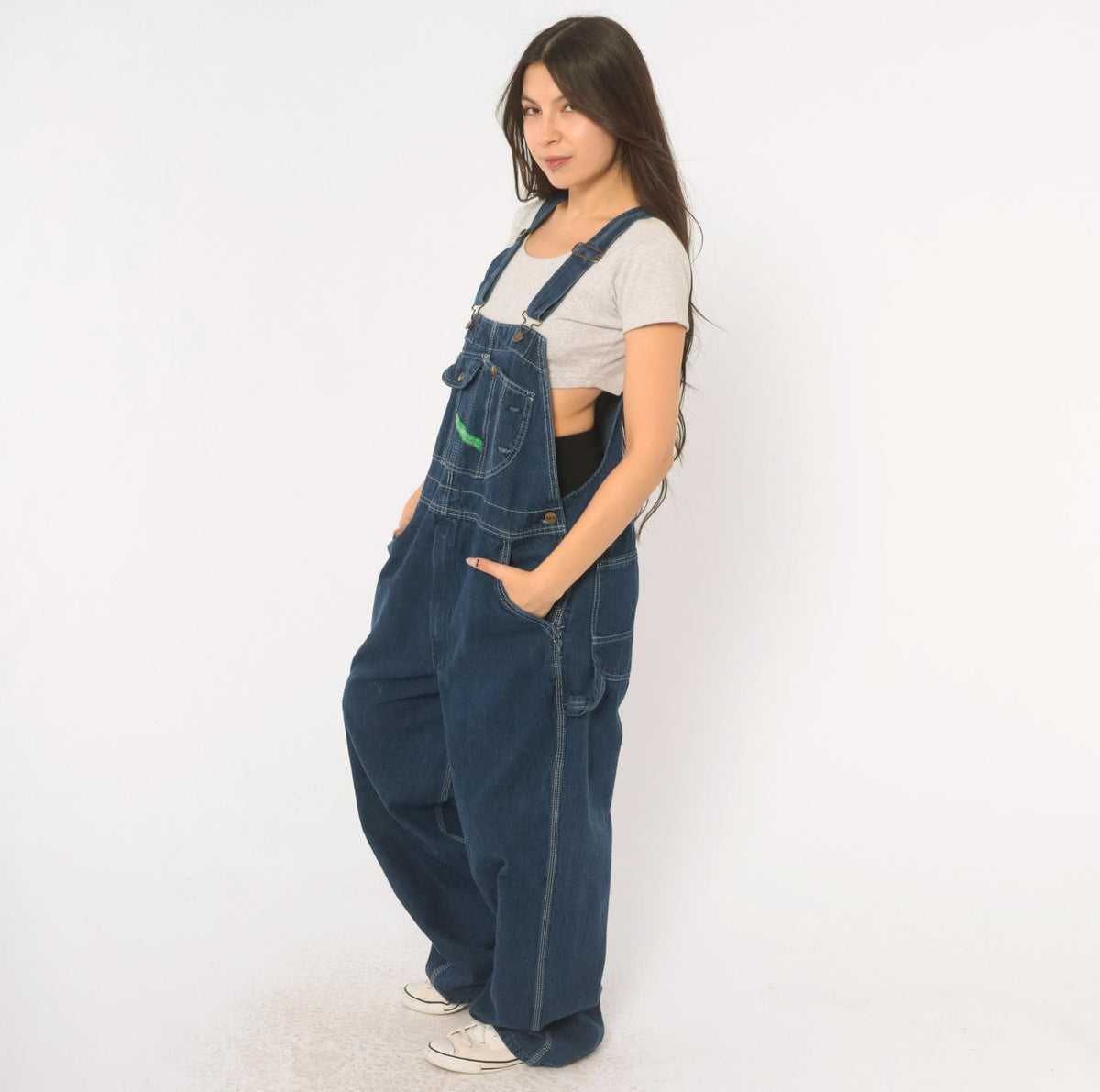 Y2K Key Denim Bib Overalls Dark Blue Wide Leg Carpenter Workwear Medium