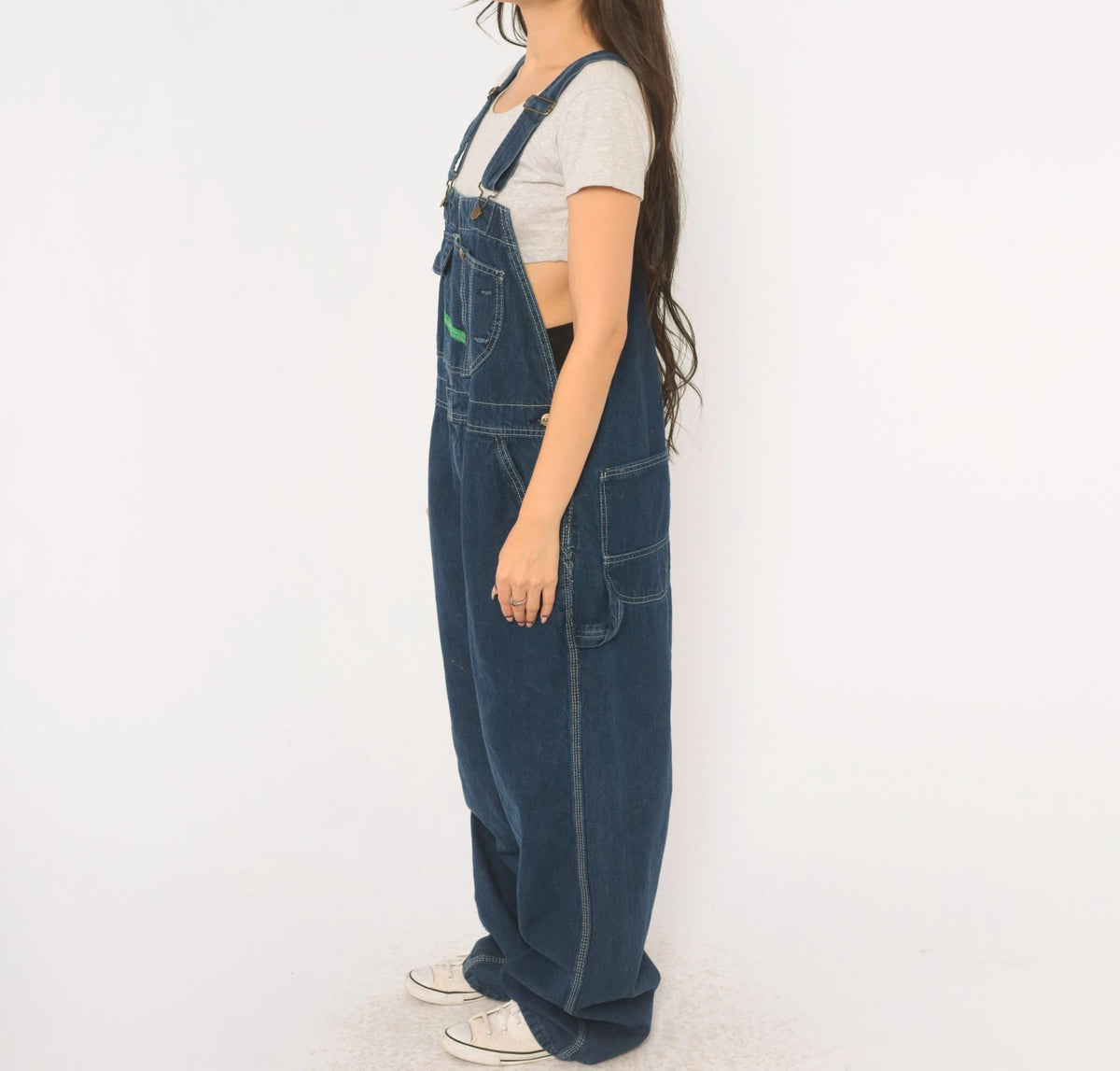 Y2K Key Denim Bib Overalls Dark Blue Wide Leg Carpenter Workwear Medium