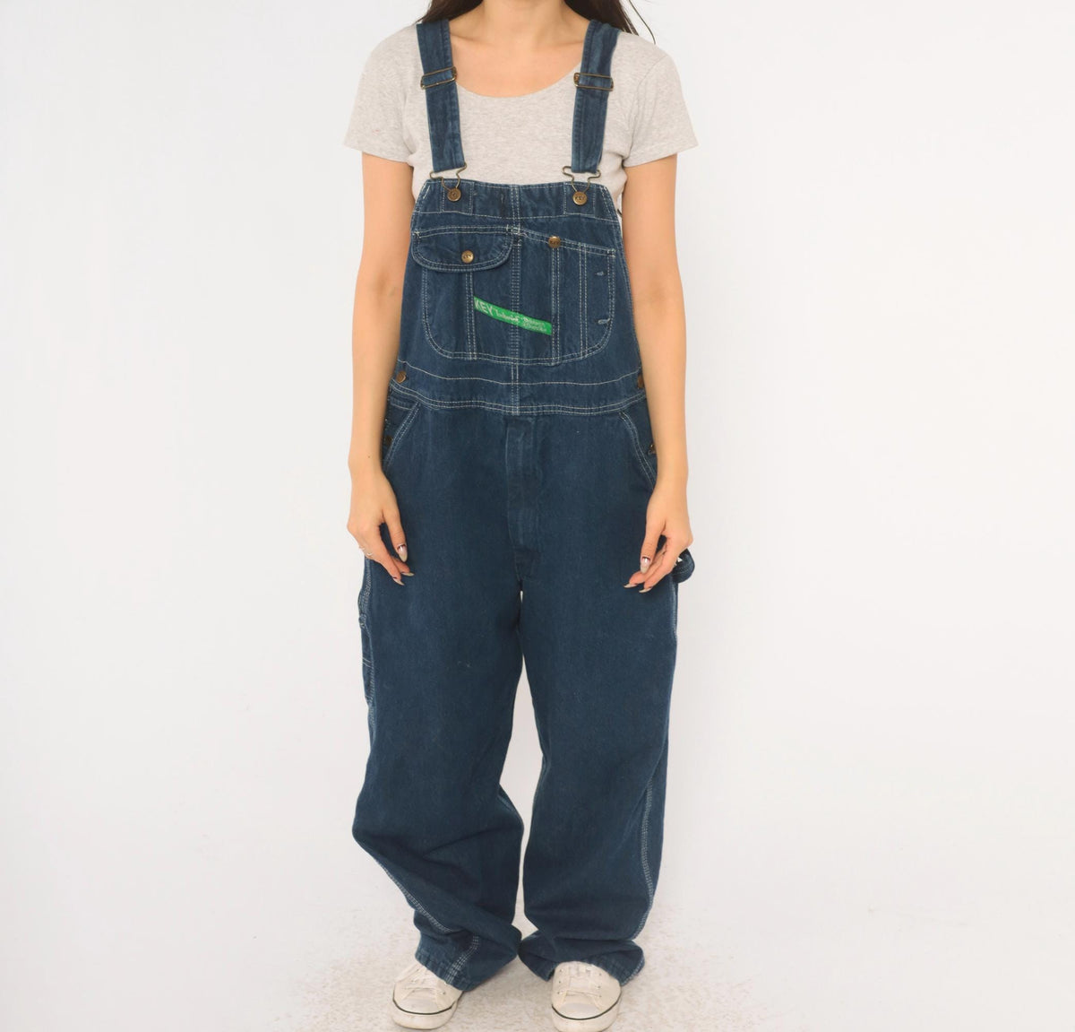 Y2K Key Denim Bib Overalls Dark Blue Wide Leg Carpenter Workwear Medium