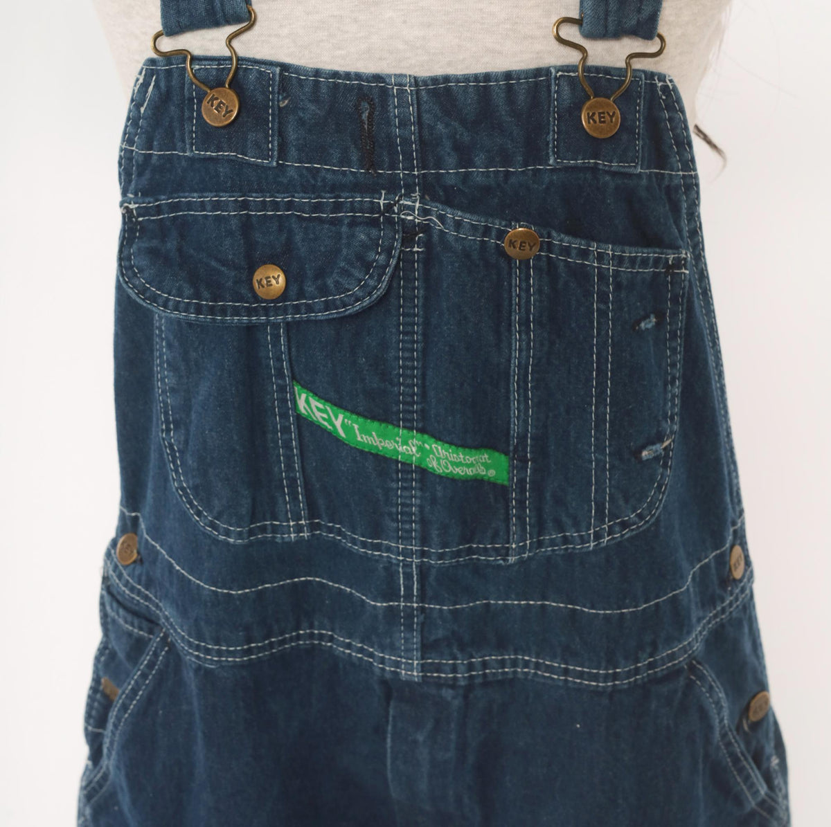 Y2K Key Denim Bib Overalls Dark Blue Wide Leg Carpenter Workwear Medium