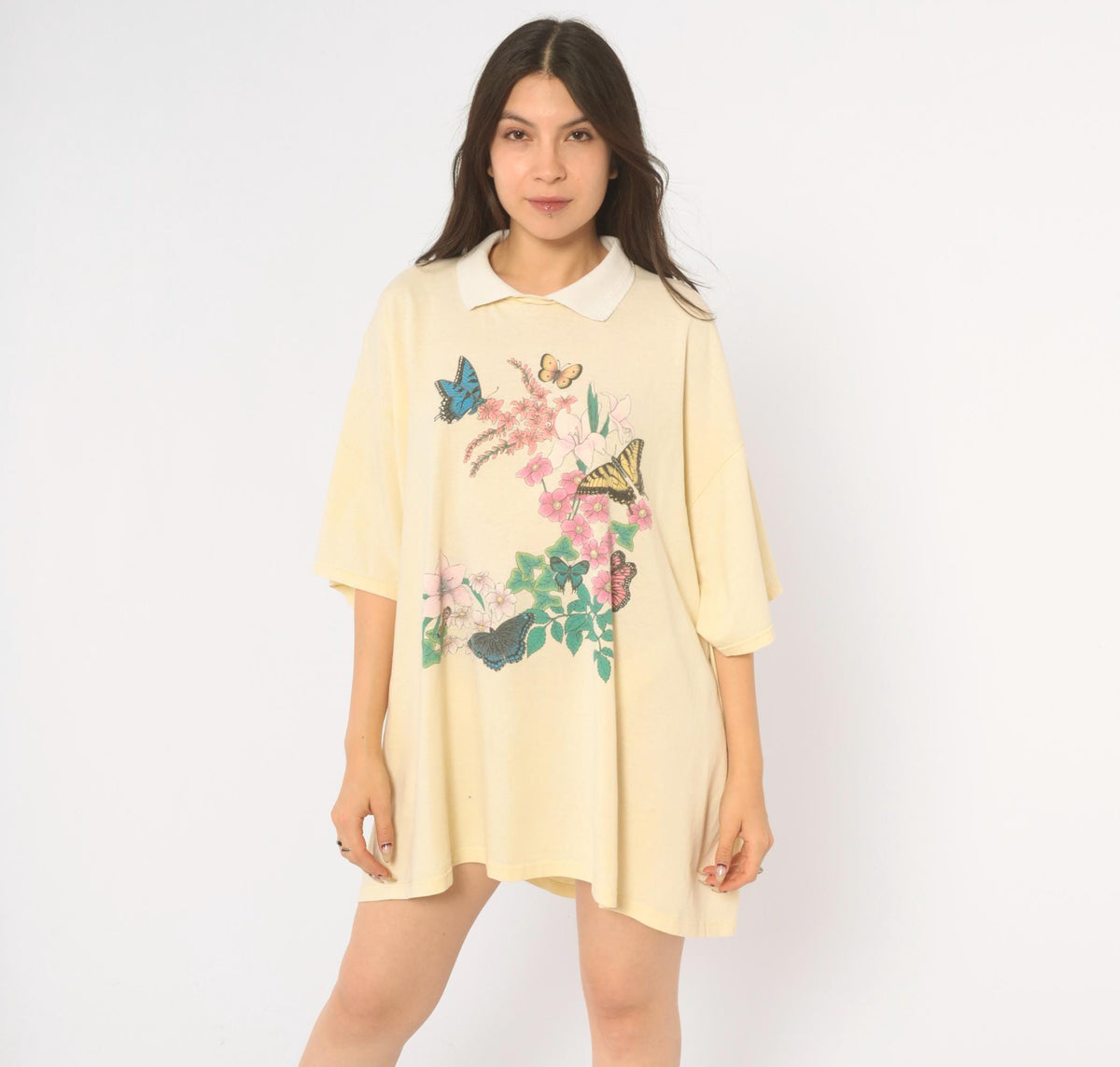 90s Cotton Grove Butterfly Floral Graphic Tee Yellow White Collar Plus Size XXL