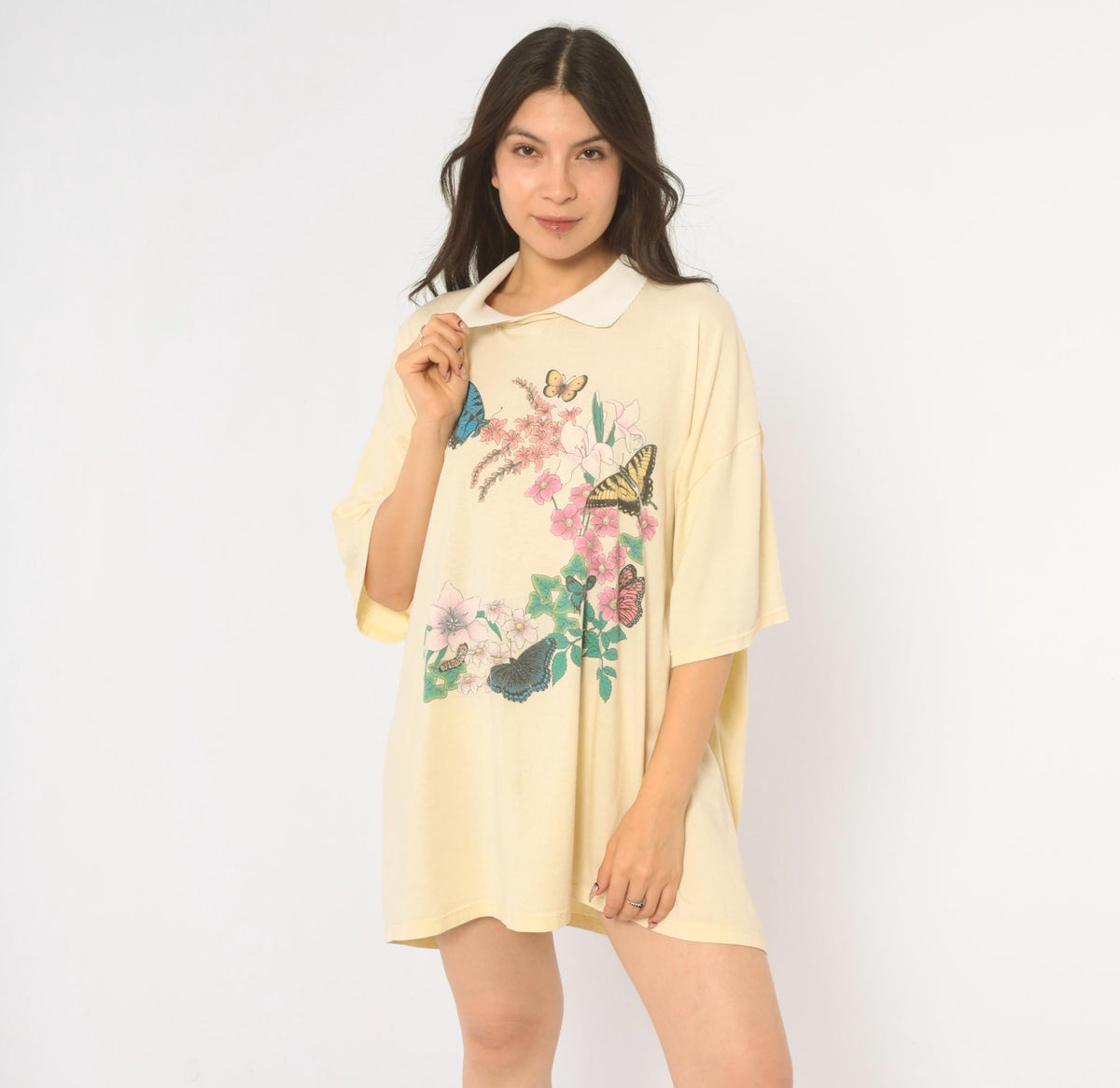 90s Cotton Grove Butterfly Floral Graphic Tee Yellow White Collar Plus Size XXL