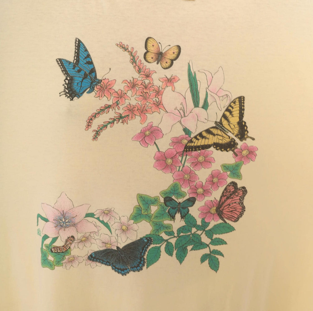 90s Cotton Grove Butterfly Floral Graphic Tee Yellow White Collar Plus Size XXL
