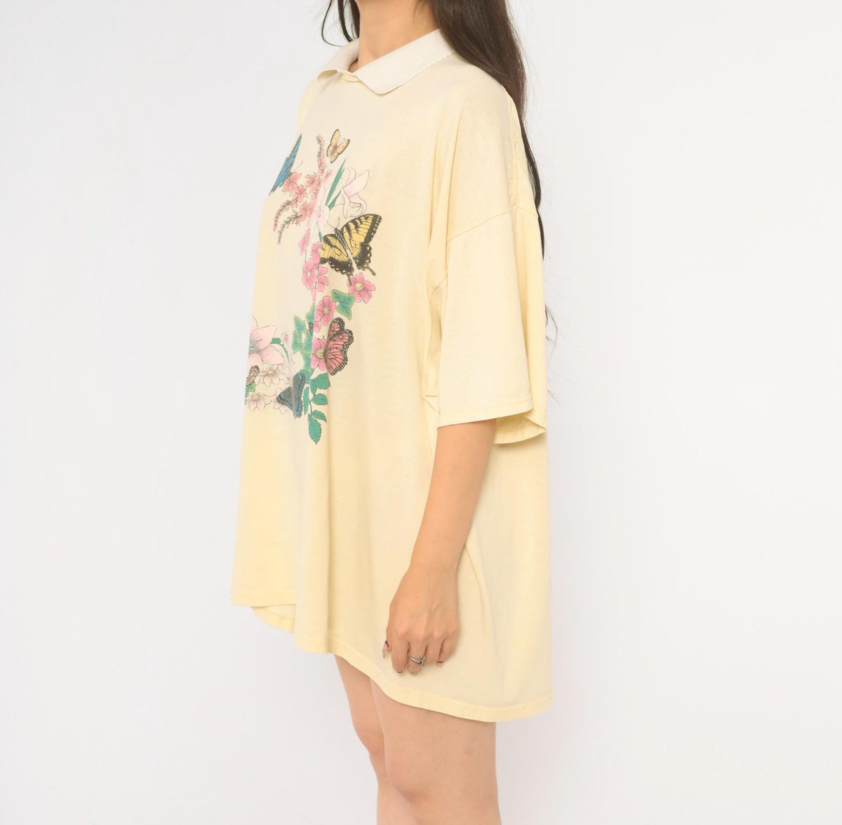 90s Cotton Grove Butterfly Floral Graphic Tee Yellow White Collar Plus Size XXL